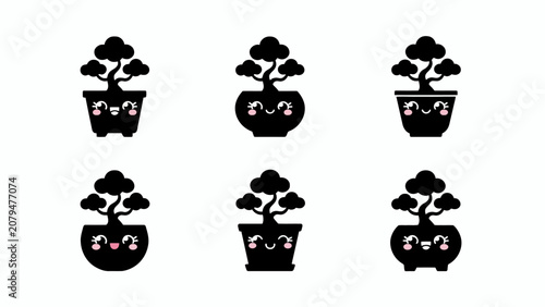 Cute Kawaii Bonsai Tree Collection, Black Silhouette Icons on White Background