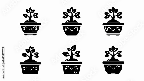 Cute kawaii potted plant icons with smiling faces, vector art, white background