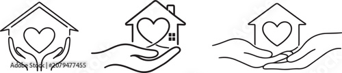 Modern homeless shelter charity icon with supportive hand, heart and home for community care themes