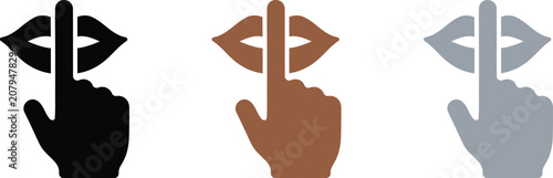 Konstfotografi Silence gesture icons with a finger over lips showing a shush sign in black, bro