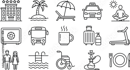 фотографія Hotel amenities summer vacation tourism and travel service line icon vector set