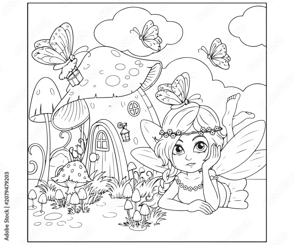 Fototapeta premium Cute Little Fairy with Butterflies by a Mushroom House Coloring Page - Fantasy Forest Scene Line Art Outline