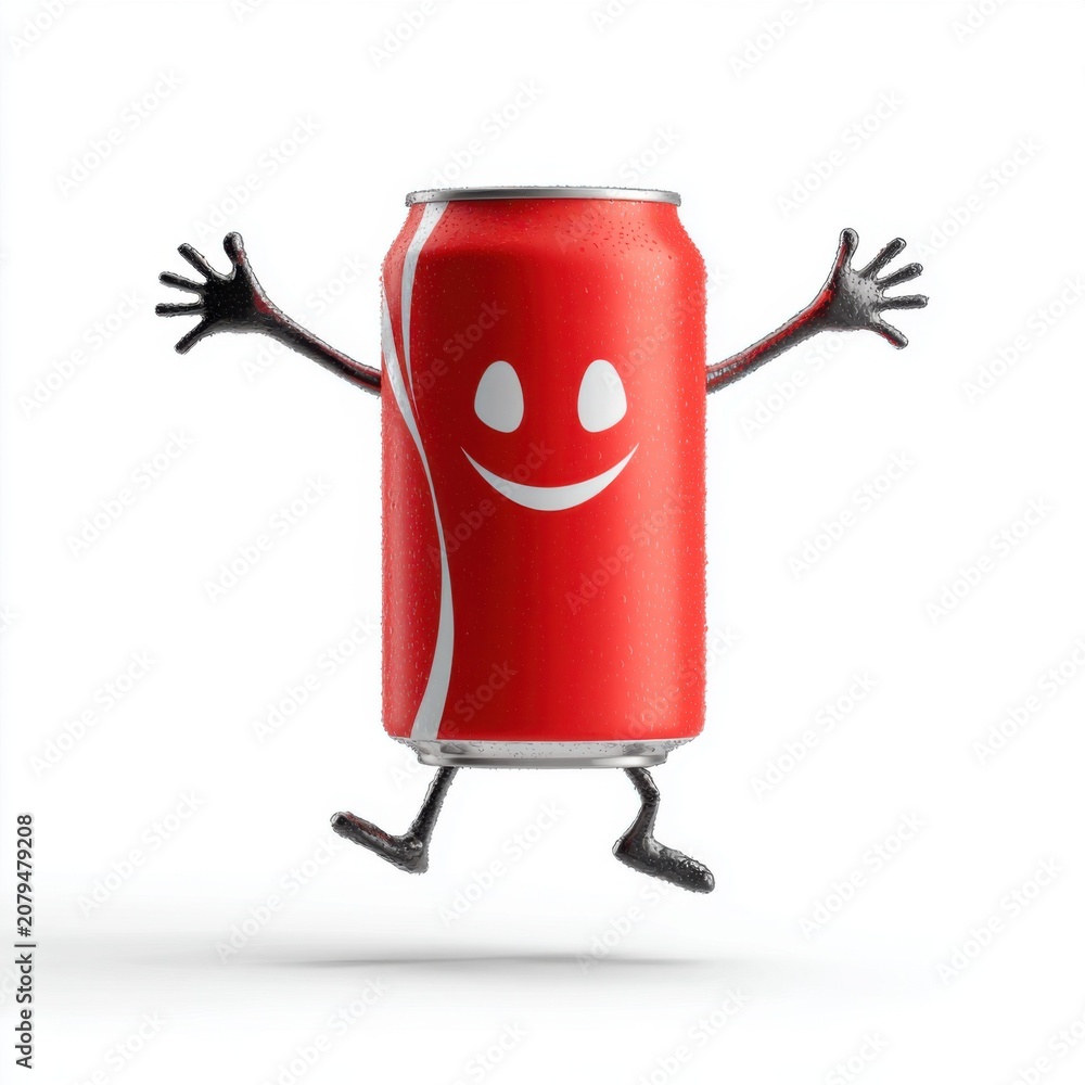 Obraz premium Cheerful Cartoon Red Soda Can Character Jumping with Happy Smile and Open Arms Isolated on White Background