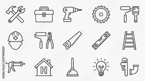 Dynamic Black and White Line Art Icons Set of Essential Construction and Home Repair Tools with high quality professional line art symbols for modern creative design and digital branding projects
