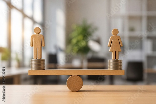 Gender pay gap concept with wooden figures on scales and coins equality inequality business