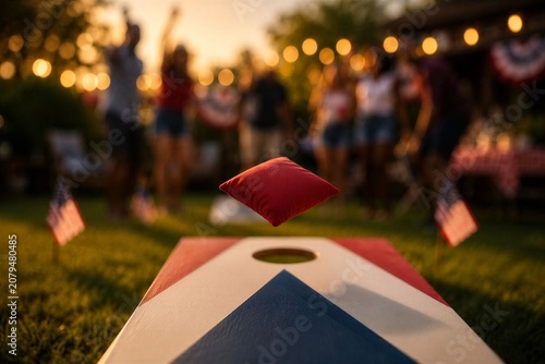 Red bean bag mid-air above cornhole board at backyard party with cornhole backyard recreation