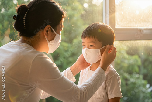 Loving Asian mother putting a white protective face mask on her little son at home for healthcare.