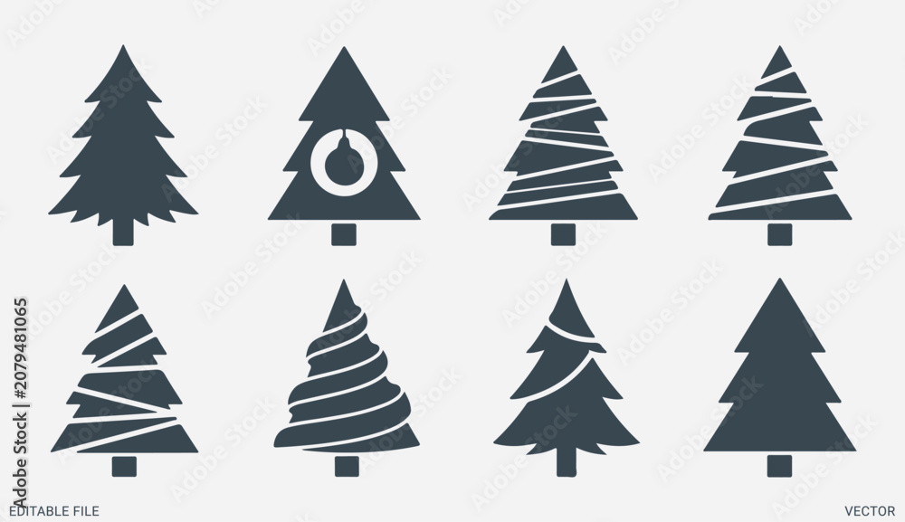 Obraz premium Minimalist pine trees silhouette set with abstract geometric patterns for winter and forest designs