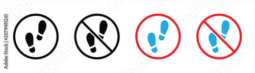 No Footsteps and Restricted Walking Icon Set Collection, Footprint Prohibition Sign, Keep Off Area, No Entry Path, Safety Warning Symbol, Flat Glyph Vector Isolated on White Background
