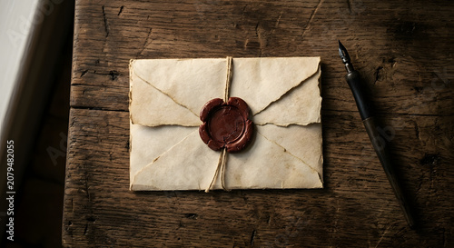 Vintage envelope with red wax seal and dip pen on rustic wooden background. Retro style parchment envelope with red sealing wax and fountain pen on textured wooden surface.