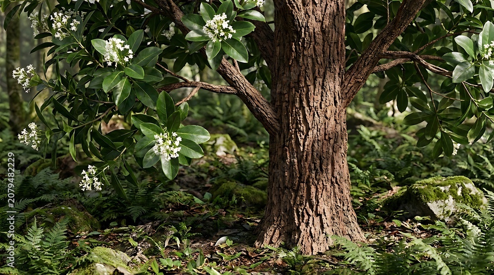 Obraz premium A close-up view of a vibrant cinchona bark tree featuring lush green leaves and small white flowers growing in a dense, mossy, and ancient forest habitat