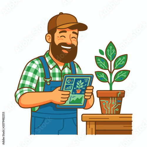 Smiling Farmer Using Tablet for Smart Agriculture and Plant Monitoring