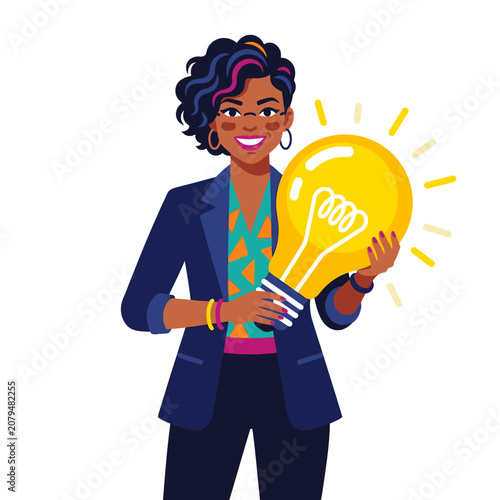 Creative Black Businesswoman Holding a Glowing Light Bulb Idea