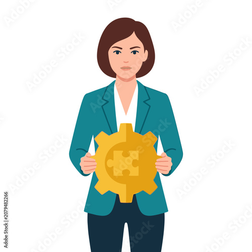 Businesswoman holding a gear with puzzle piece for solution concept