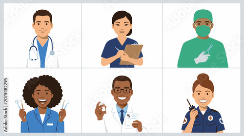 Diverse medical professionals set including doctor nurse surgeon dentist