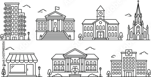 Schilderij op canvas Urban architecture municipal buildings and city infrastructure line art outline