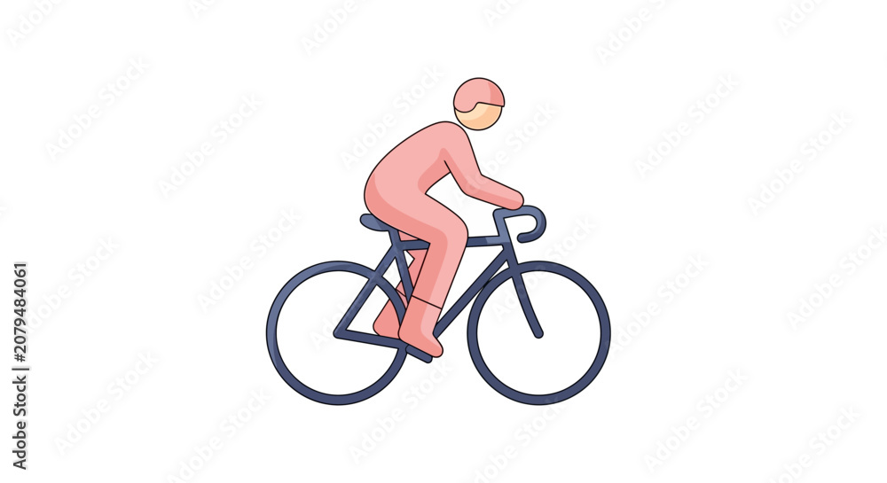 Obraz premium Stylized Cyclist Riding Bicycle, Minimalist Pink Character on White Background