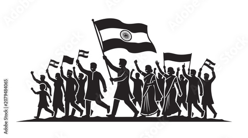 A diverse group of Indian citizens marching together while holding national flags.