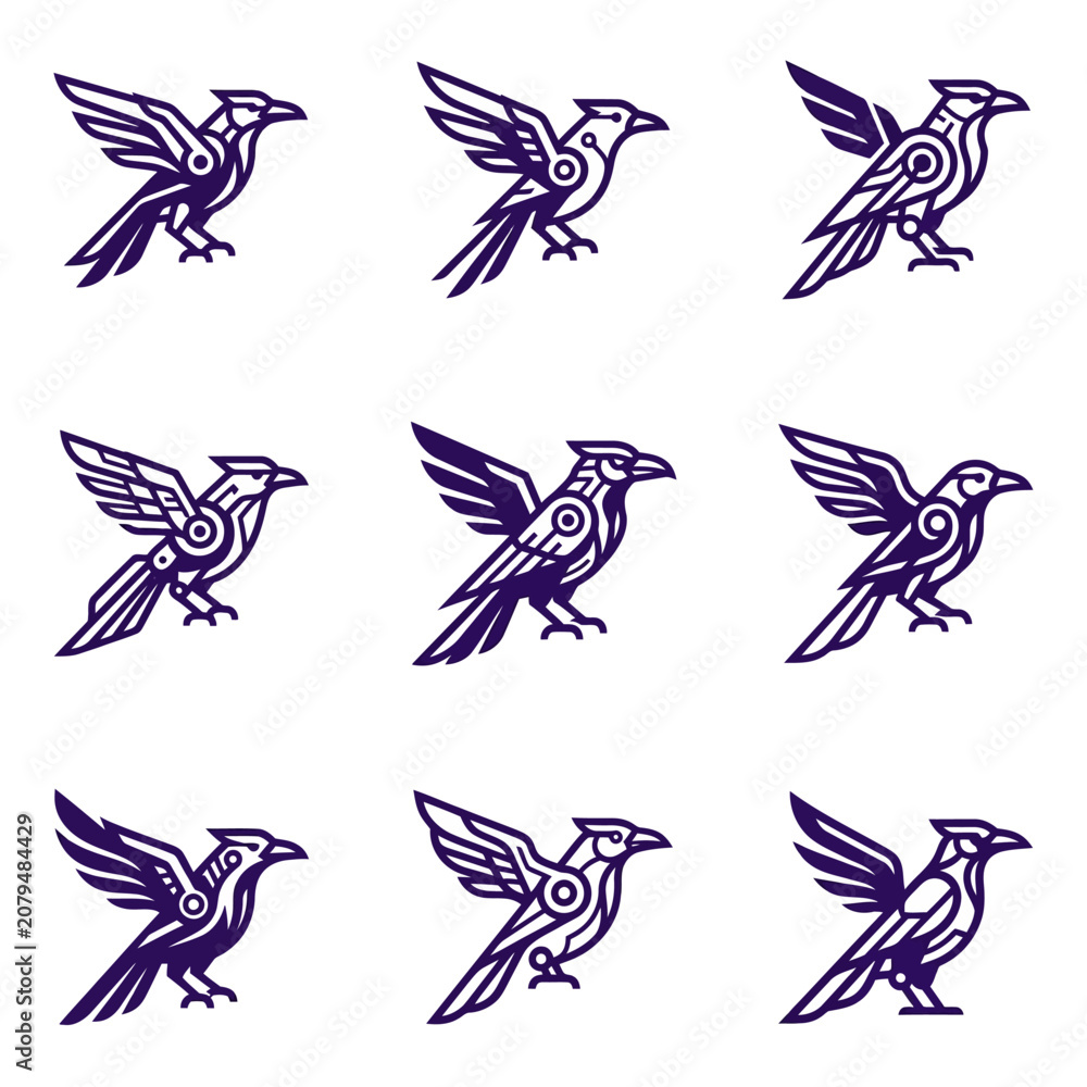 Fototapeta premium Geometric Raven Symbols Set, Stylized Birds Vector Icons