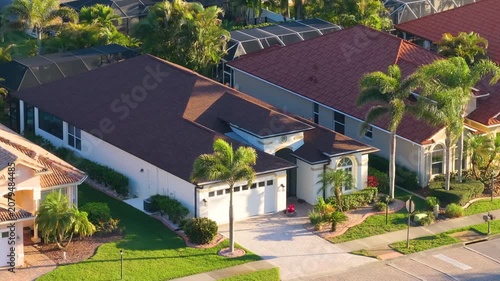 Aerial view of expensive residential houses in small town in southwest Florida. American dream homes as example of real estate development in US suburbs.