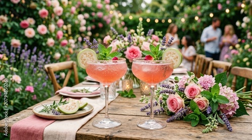 Elegant garden party with pink cocktails and floral decorations