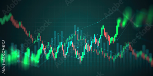 financial graph with uptrend line technology bar chart of stock market on green color background