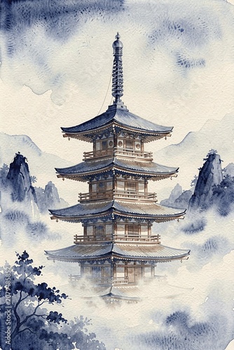 Pagoda In Mist Wall Art, Soft Watercolor Style - Printable Japan Print for Modern Home Decor