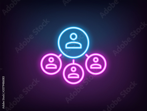 Outline neon team leader, magenta blue. Neon executive chief icon, director group, people management system. Head boss, team control organization, teamwork manage, partnership, distribution. Vector