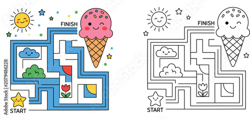 Cute summer maze game for kids with ice cream cone and smiling sun, colored vector illustration and black and white coloring page worksheet.