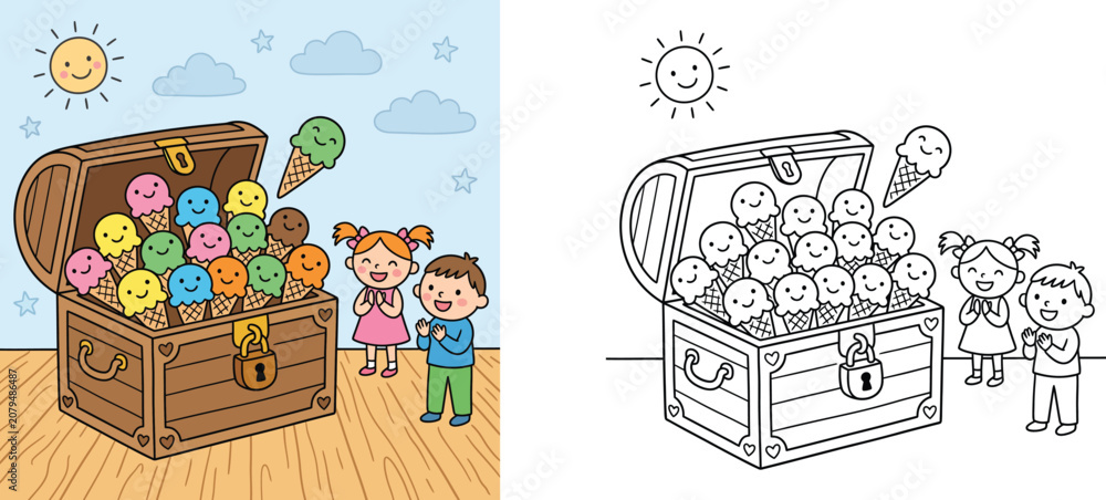 Fototapeta premium Cute cartoon treasure chest filled with ice cream cones coloring page and colored illustration for kids activity sheet, summer dessert vector drawing template
