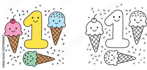Foto Cute first birthday coloring page with ice cream cones and number one vector ill