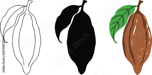 Foto Cocoa pod illustrations in outline silhouette and flat color styles with leaves