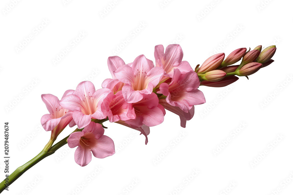 Naklejka premium Pink alstroemeria flowers and buds blooming on a stem, symbolizing spring, beauty, and growth, transparent background