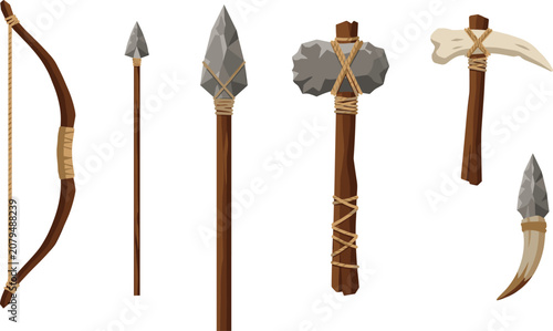 Photos Prehistoric stone age weapon vector set featuring primitive wooden bow arrow spe