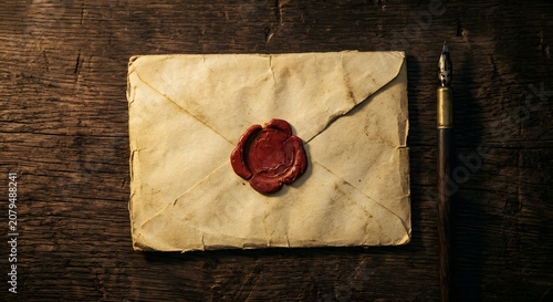 Vintage envelope with red wax seal and dip pen on rustic wooden background. Old antique letter sealed with red wax stamp next to vintage nib pen on dark wood table.