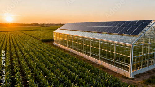 Aerial view of modern greenhouse with solar panels at sunset