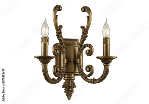 Antique brass double candle wall sconce with elegant scrollwork and realistic flame effect