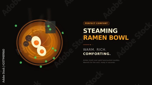 Steaming ramen bowl in ceramic dish with golden noodles and toppings. 3D motion graphics cgi animation of broth pouring and ingredients settling. 