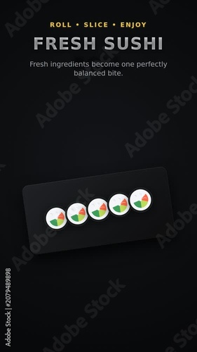 Fresh sushi roll rolling and slicing animation with salmon and avocado. Minimalist 3D CGI graphic motion style on green background. Culinary recipe promo video for social media