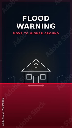 Flood warning rising waterline animation on dark map background with house outline. Minimal motion graphics with blue to red color transition. Emergency alert video for broadcast and social media.