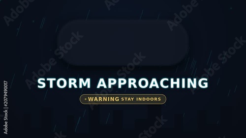 Thunderstorm approaching city with lightning strike and warning text. Dark 3D animated motion graphics with electric blue flash. Cinematic intro for weather alert, broadcast, or presentation