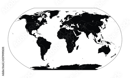 Black and white political world map, showing detailed country borders, global continents, and international boundaries on a plain white background.