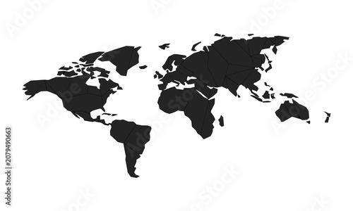 Black geometric low poly world map vector illustration isolated on white background for global business travel and modern graphic design