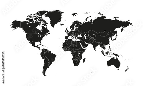 Black and white world map vector illustration showing detailed country borders for global geography, international travel, and worldwide business concepts.