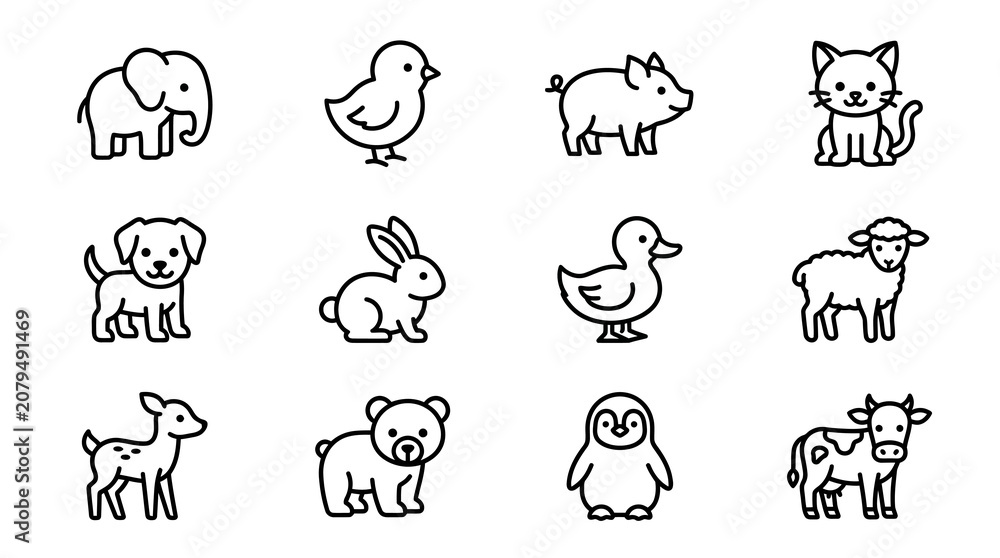 Obraz premium Cute Cartoon Farm and Wild Animals Icon Set - Elephant, Chick, Pig, Cat, Dog, Rabbit, Duck, Sheep