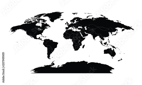 High contrast black and white vector world map illustration featuring detailed country borders, isolated on solid white background, global geography
