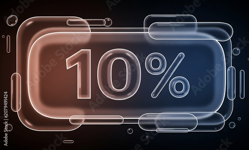 10 Percent Discount Tag in Neon Glowing Glass Border, Retail Offer Banner on Dark Background