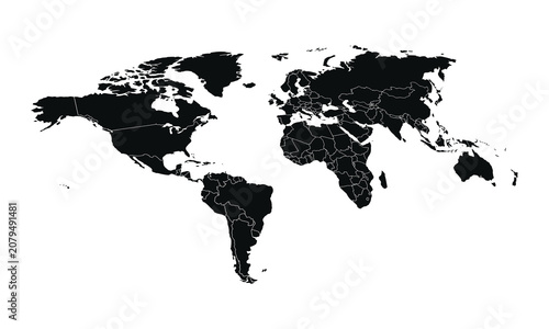 Black silhouette world map with country borders on white background, ideal for global business, education, travel, and international geography designs.