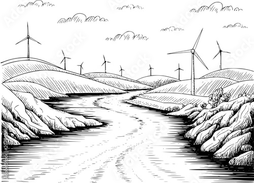 Bild auf Leinwand Hand-drawn of a scenic river landscape featuring wind turbines on rolling hills