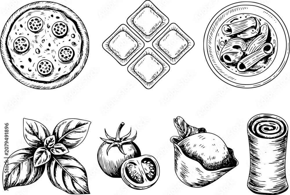 Obraz premium Hand-drawn set of italian food featuring pizza, pasta, ravioli, fresh basil, tomatoes, and mozzarella cheese